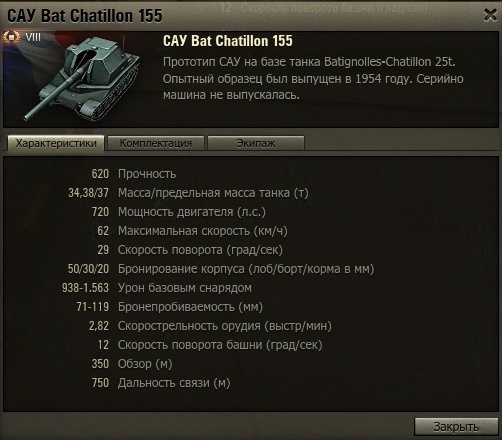 характеристики Bat. Chatillon 155 в игре мир танков
