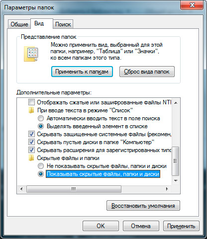 показать скрытые файлы, папки и диски windows 7